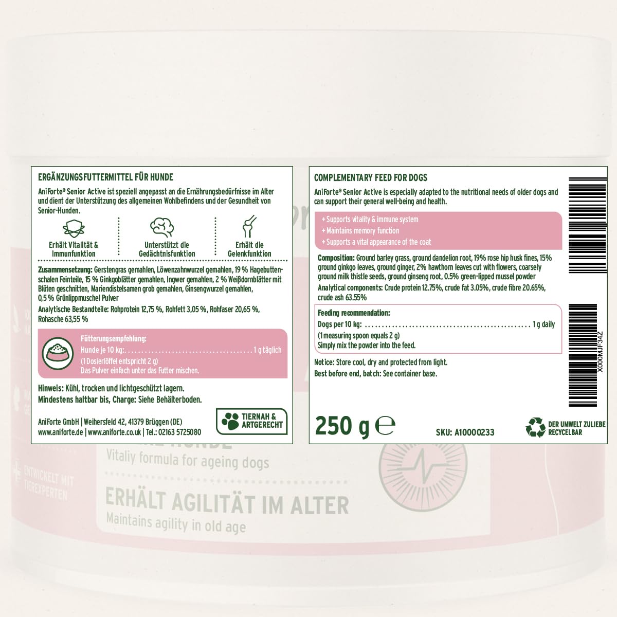 AniForte Senior Active en Polvo 250 g para Perros Mayores - minerales y vitaminas para Perros, Ayuda a la Memoria y a la función cardíaca, mejillón de Labios Verdes para la vitalidad y la Agilidad