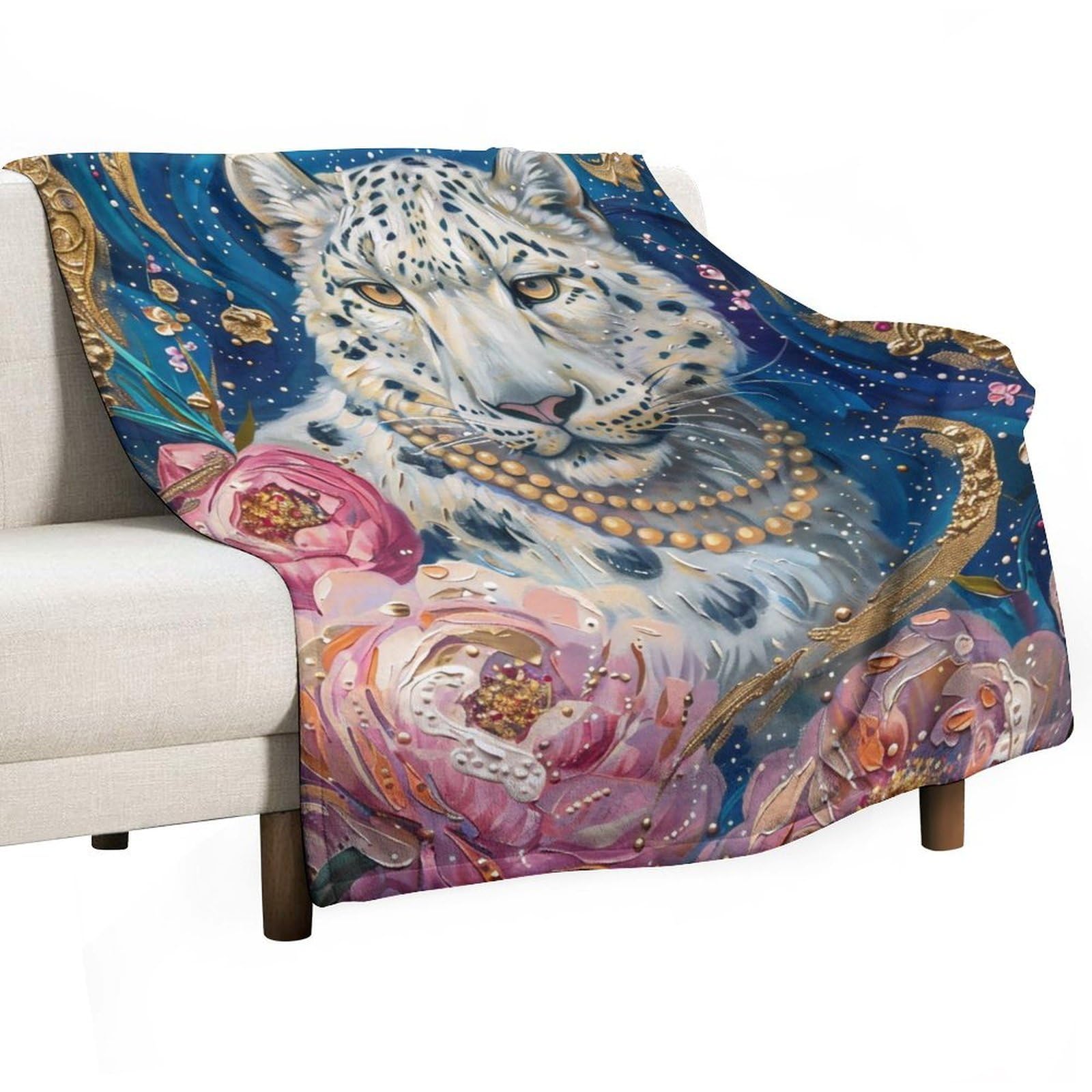 YHGSREUOH Opulent Snow Leopard with Pink Peonies 03 Flannel Blankets Fleece Soft Throw Lightweight Plush Gifts for Couch, Bed, Cozy Sofa Plush, Chair, Lovers 175x200cm(70x80in)