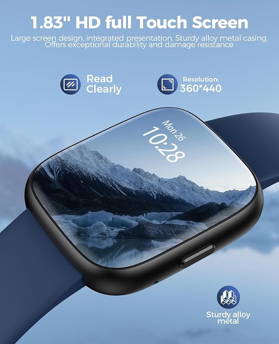 SOUYIE Smart Watch with 100+ Sport Modes, Alexa Built-in, 1.83 HD Customizable Touch Screen, IP68 Waterproof, Heart Rate, SpO2 & Stress Monitor, Fitness Tracker for Android & iPhone