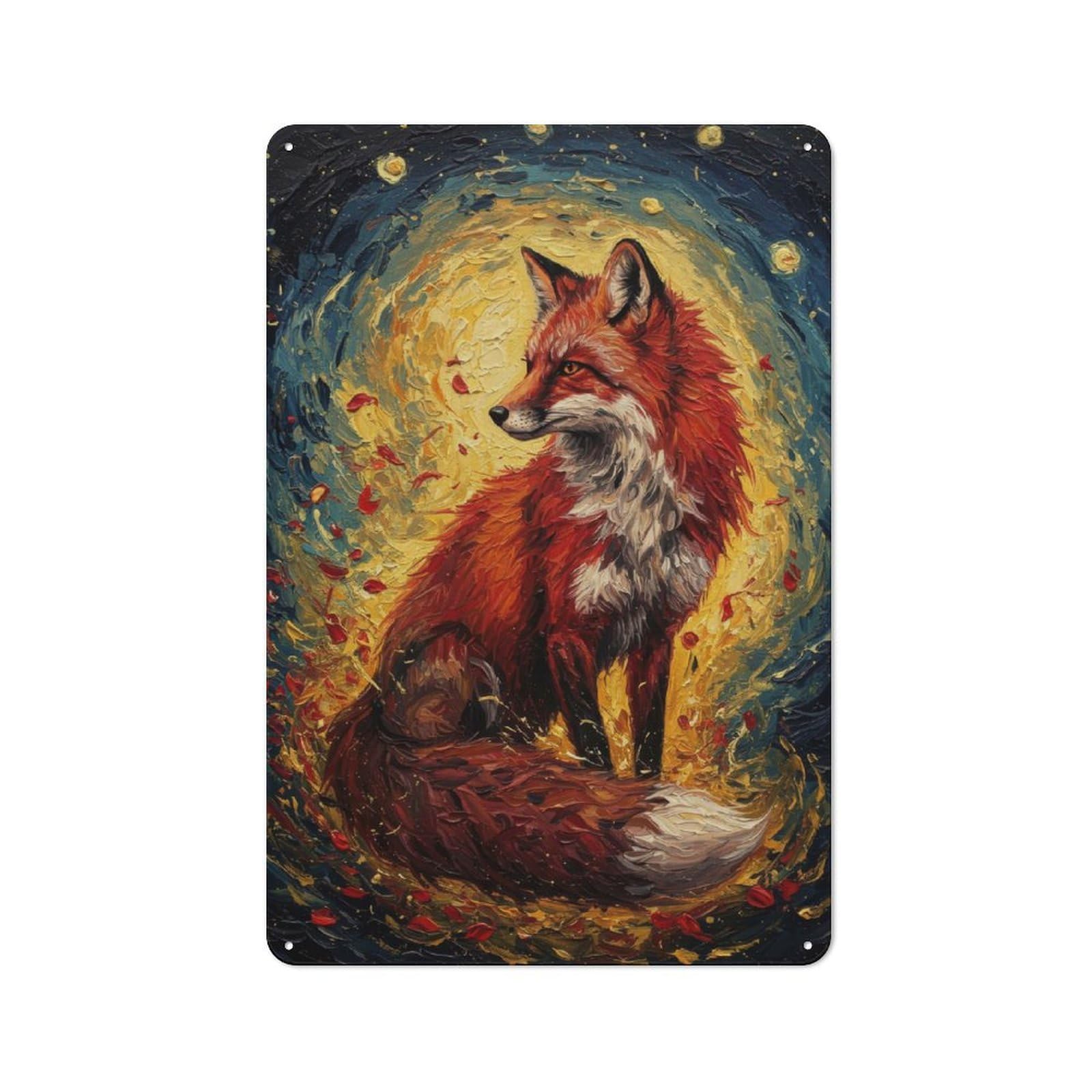 Junmoney Fox In Starry Night Painting Retro Metal Wall Sign 30X20cm For Studio Or Craft Room, For Metal Sign Collectors, For Garage And Workshop Walls