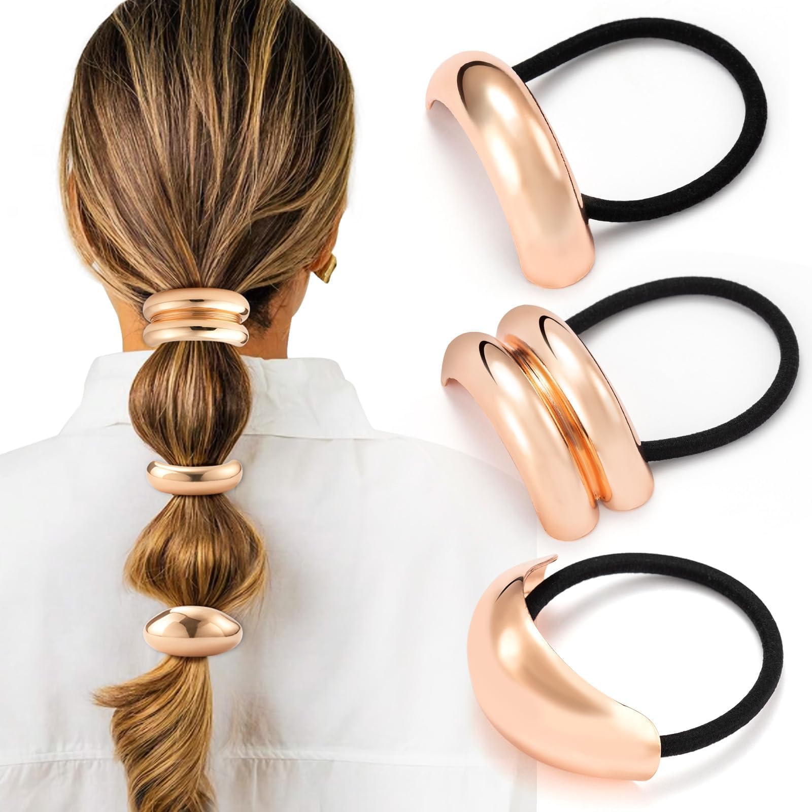 3PCS Rose Gold Hair Ties, Metal Hair Ties for Thick Hair, Elegant Durable Geometric Design, Rose Gold Hair Accessories Stretchy Non-Damage Ponytail Holders, 3 Styles in Box Holiday Gifts