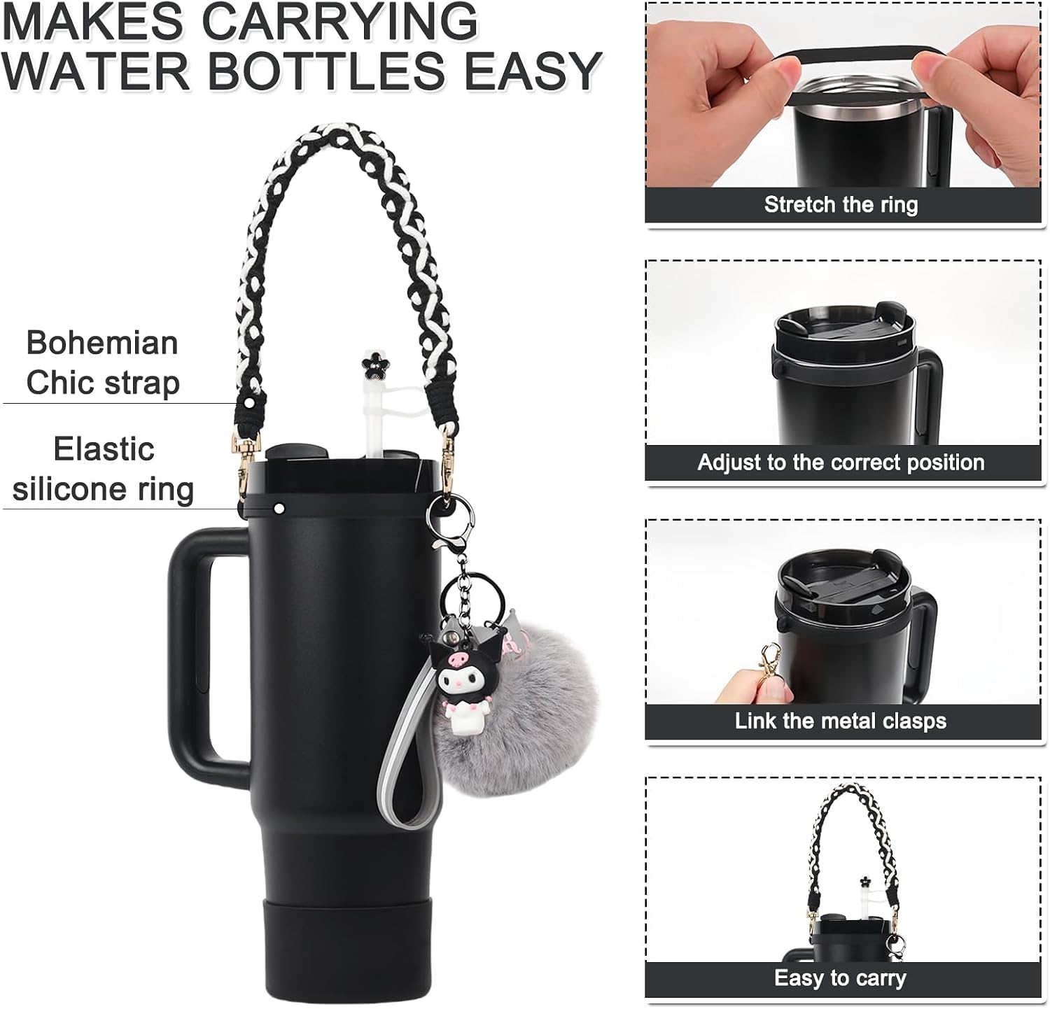 Stanley Cup Accessories Set, Cute Kawaii Pom Pom Design Water Bottle Handle Strap, Silicone Boot, Charms for 30/40oz Tumble image 2