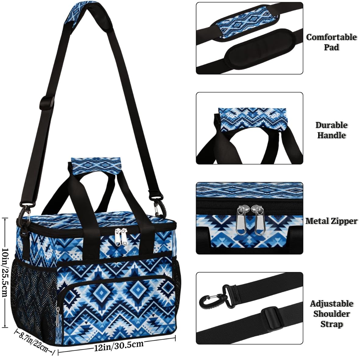 Blue Folk Insulated Picnic Backpack Lunch Box for Women Men Picnic Basket Tote Lunch Bag Picnic Bag Portable Lunch Bags for Picnic, Beach, Work, Trip,Office, Camp Ethnic Trellis