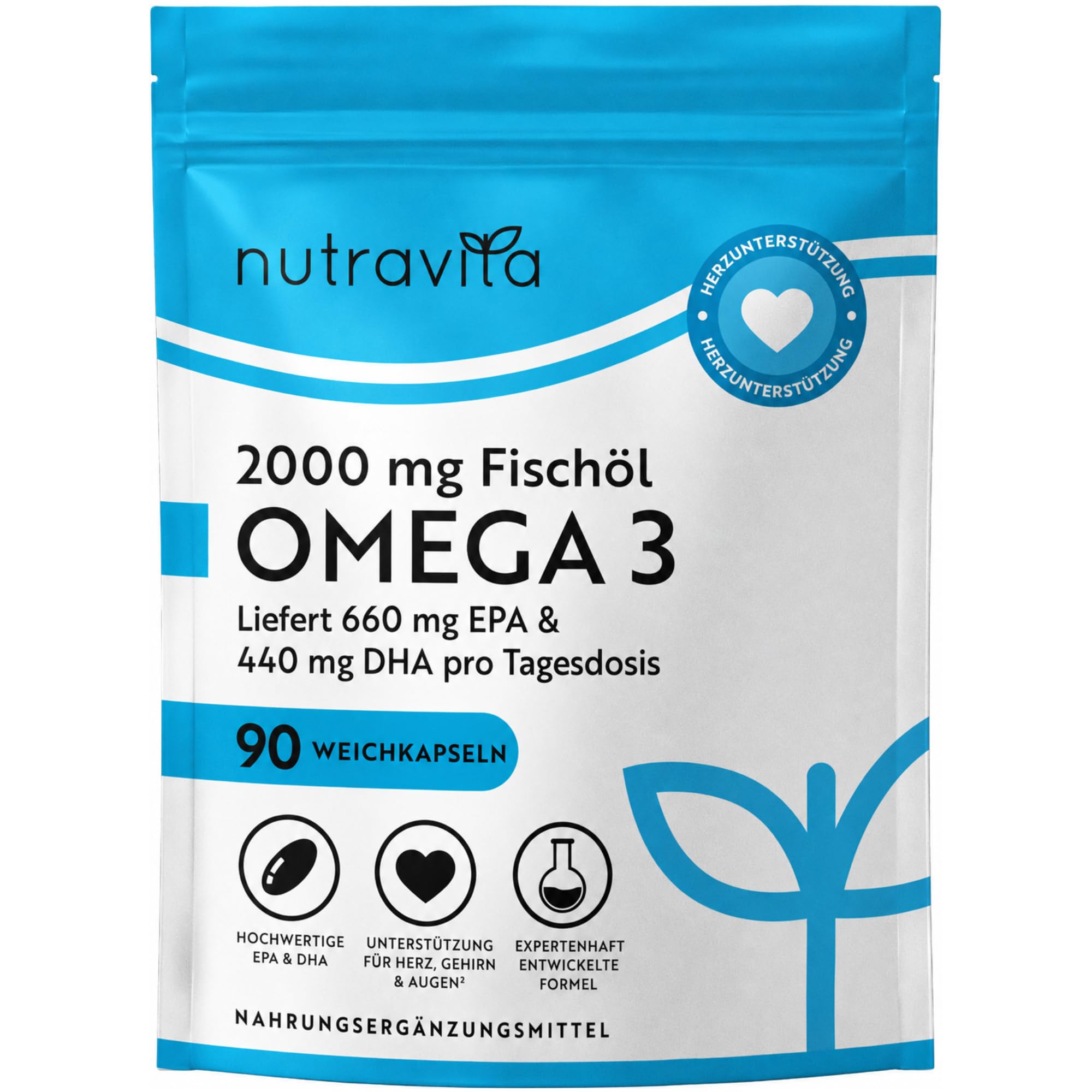 Nutravita Omega 3 Kapseln Hochdosiert 2000mg Fischöl - 90 Weichkapseln
