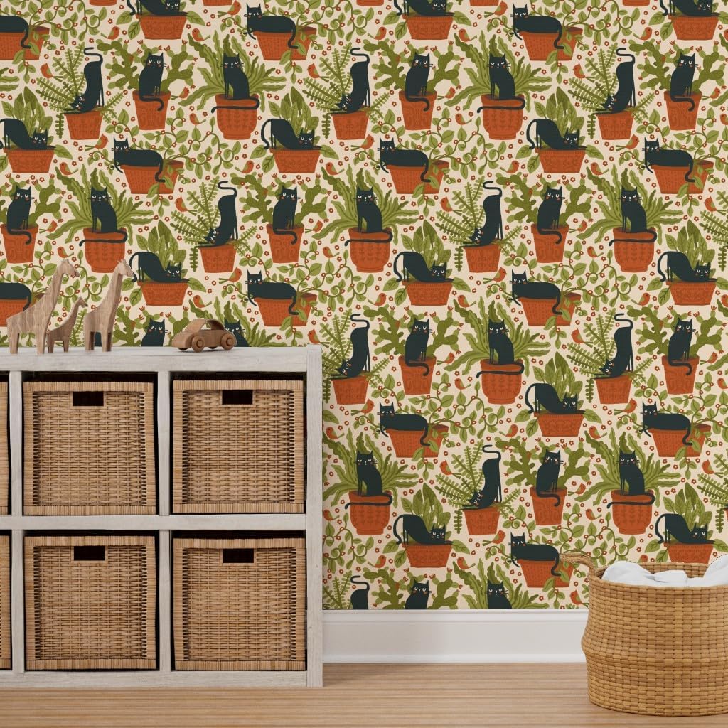 Spoonflower Removable Wallpaper 6ft x 2ft - Black Cats Plants Birds Terracotta Green Leaves Botanical Custom Pre-Pasted Wallpaper