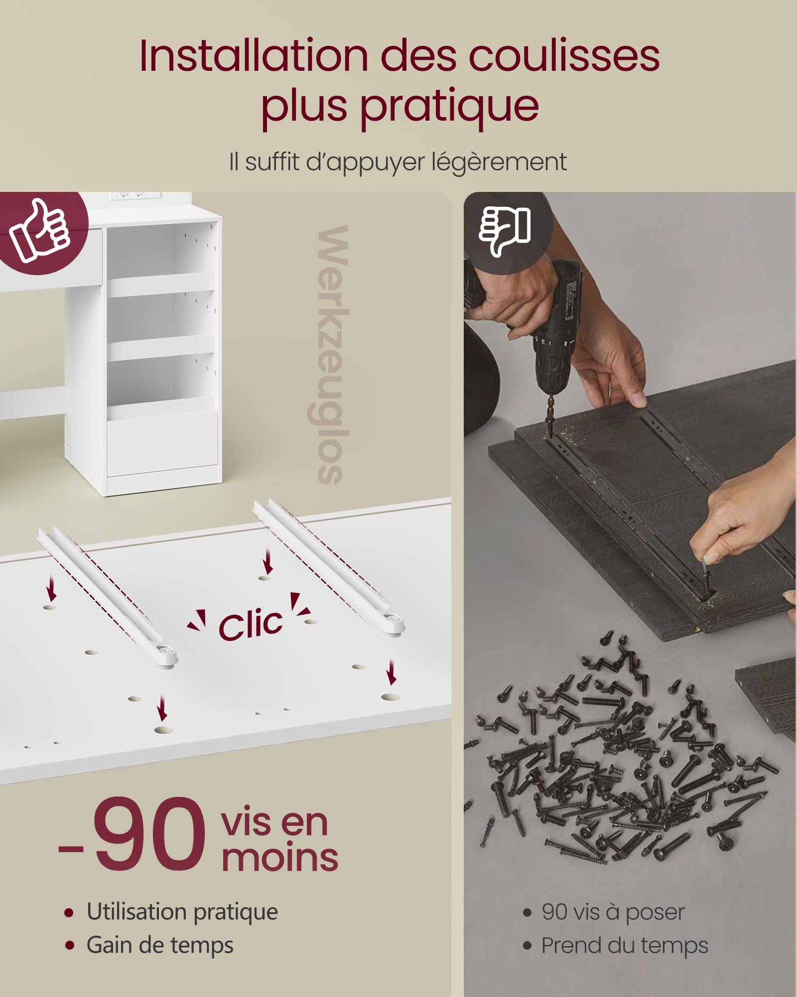 VASAGLE Kailyn Collection - Coiffeuse avec Miroir LED, Multiprise, 9 Tiroirs, 9 Ampoules, Rangement Bijoux, Éclairage 3 Couleurs, Installation des Rails sans Outils, Blanc Nuage RDT141WB02