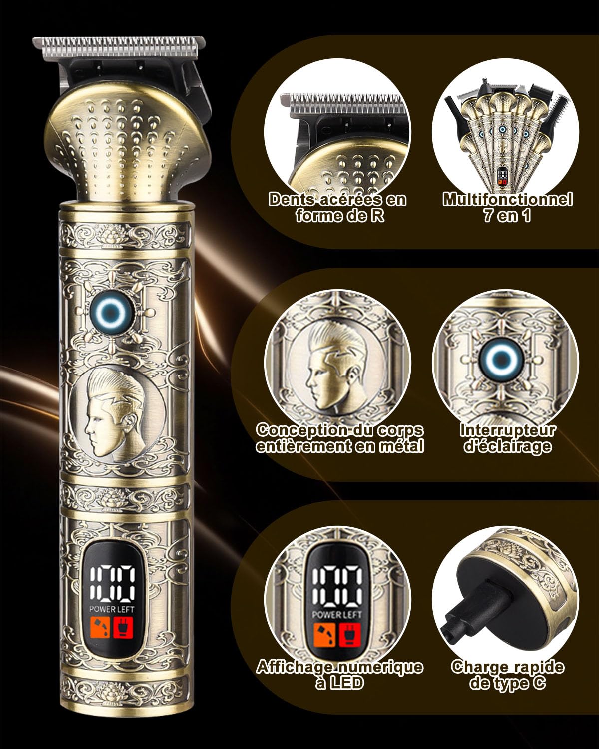 Tondeuse Barbe Homme Professionnelle 7 en 1, Tondeuse Cheveux Sans Fil Étanche avec Lame en T, Écran LED, USB-C Charge Rapide, Kit Tondeuse Corps & Visage, Idée Cadeau Rasoir Homme