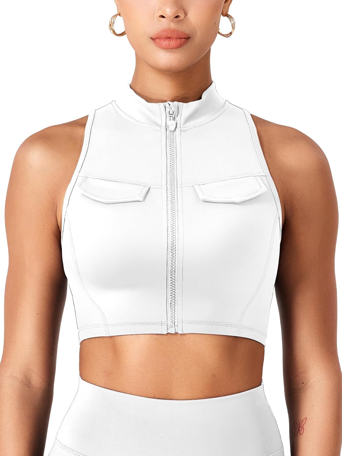 YEOREO CoreFlex Women Cargo Tank Top Summer Full Zip Workout Racerback Mock Pocket Fitted Sleeveless Fitness Gym Vest