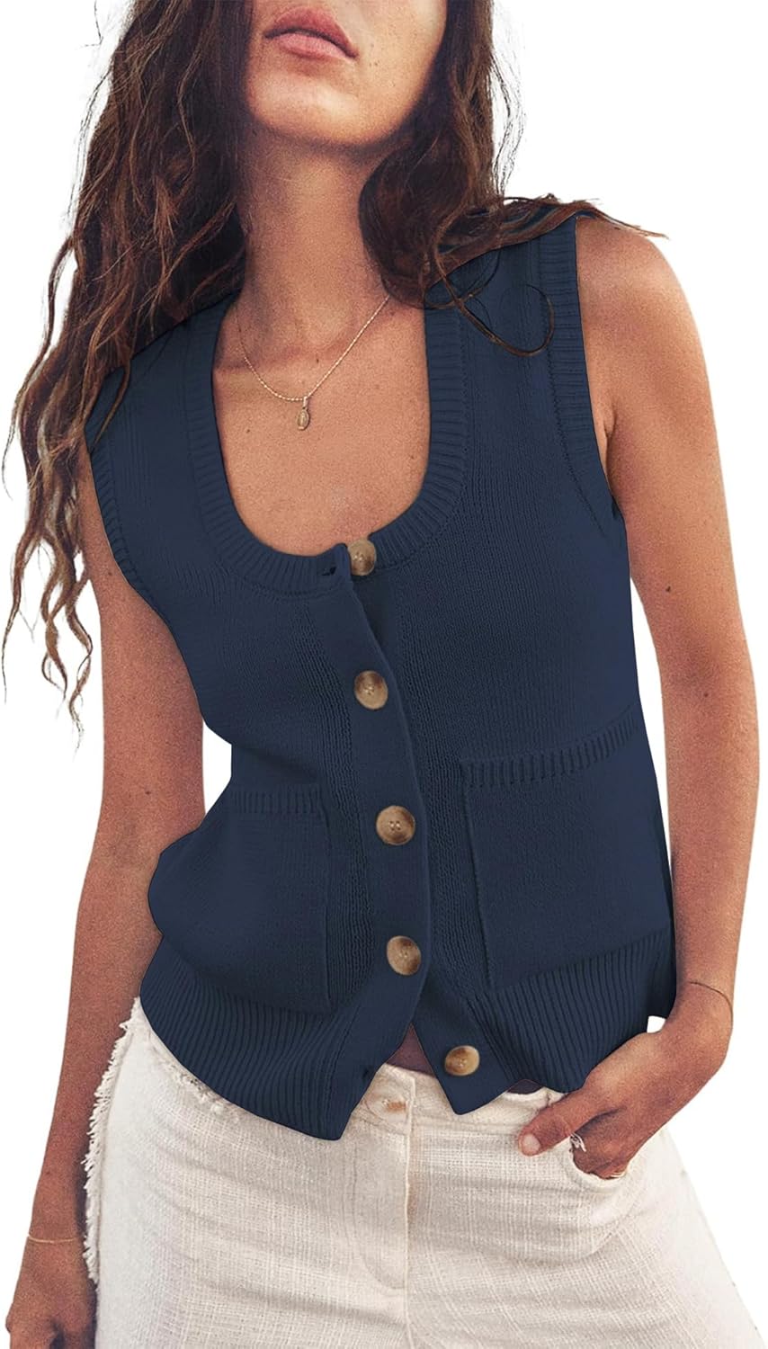 Biffxeu Womens Sleeveless Sweater Vest Fall Ribbed Tank Top Button Down Knit Casual Clothes Summer Going Out Tops with Pocket