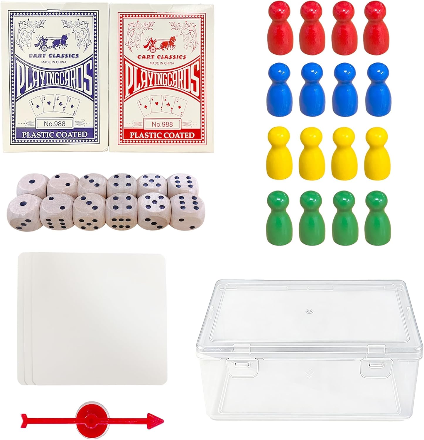 Portable Playing Cards and Dice Set, Include 2 Splash-Resistant Playing Cards, 12 Dice, 16 Pawns, a Spinner, 3 Paper Sheets, and a Plastic Storage Box, Travel-Friendly Set for Outdoor Play