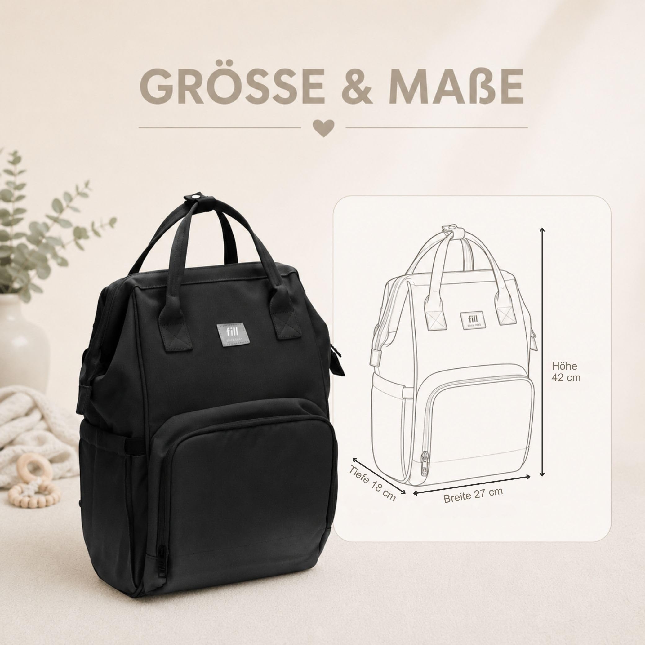 Fillikid Wickelrucksack Barcelona | Geräumiger & stylischer Rucksack mit vielen Fächern, isoliertem Flaschenhalter & Wickelauflage | Bequem tragbar & ideal für den Alltag mit Baby