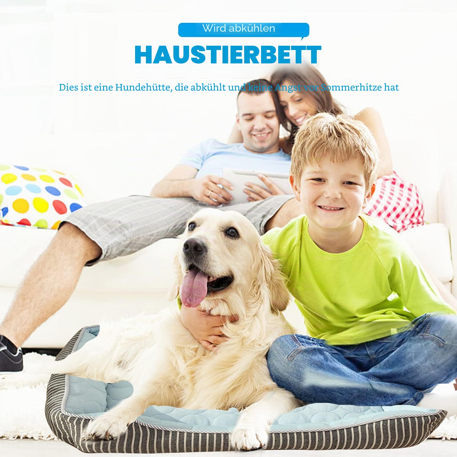 PETCUTE Kühl Hundebett,Orthopädisches Hundebett Grosse Hunde,Waschbar Hundekorb mit 4 Rändern,Hundesofa, Hundekissen mit Anti-Rutsch-Boden,Passend für Sommer,Blau,L