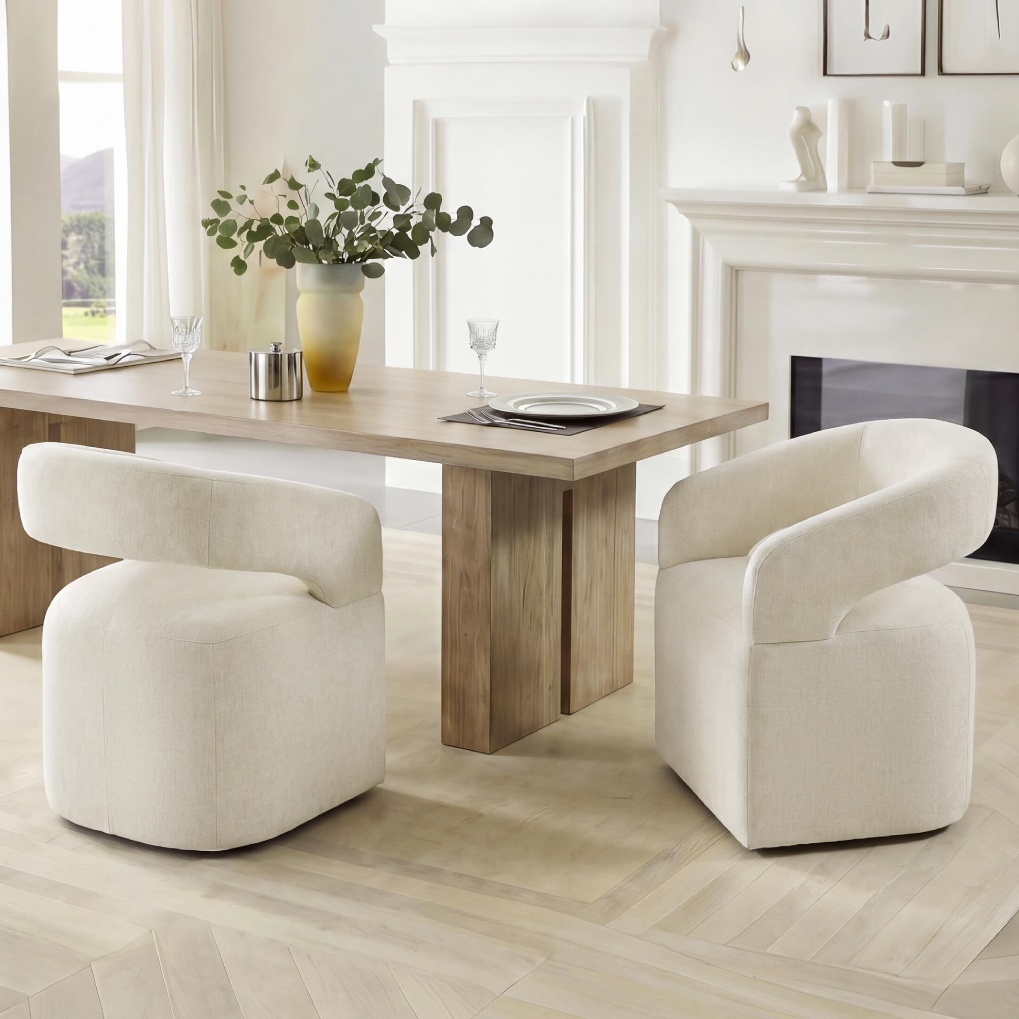 Photo 1 of KISLOT Upholstered Dining Chairs Set of 2, Modern Arm Kitchen & Dining Room Chairs with Hidden Casters, Linen Fabric Padded Rolling Chairs, Sturdy Wood Frame, 300 lbs Capacity, Cream Beige