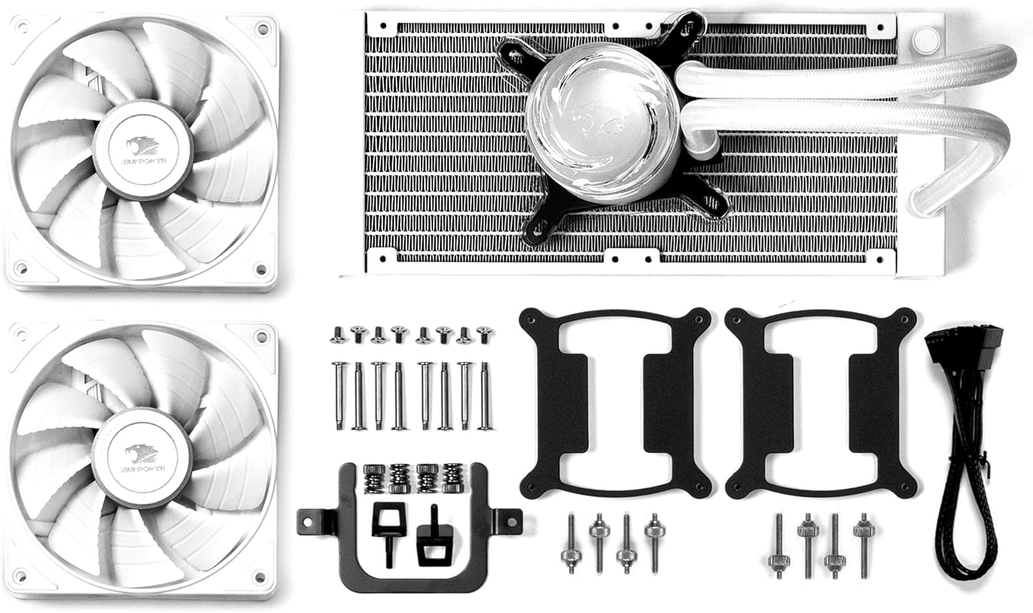 Components of the iBUYPOWER AW4 AIO Liquid Cooler including two fans, radiator, pump, and various mounting hardware for Intel and AMD sockets.