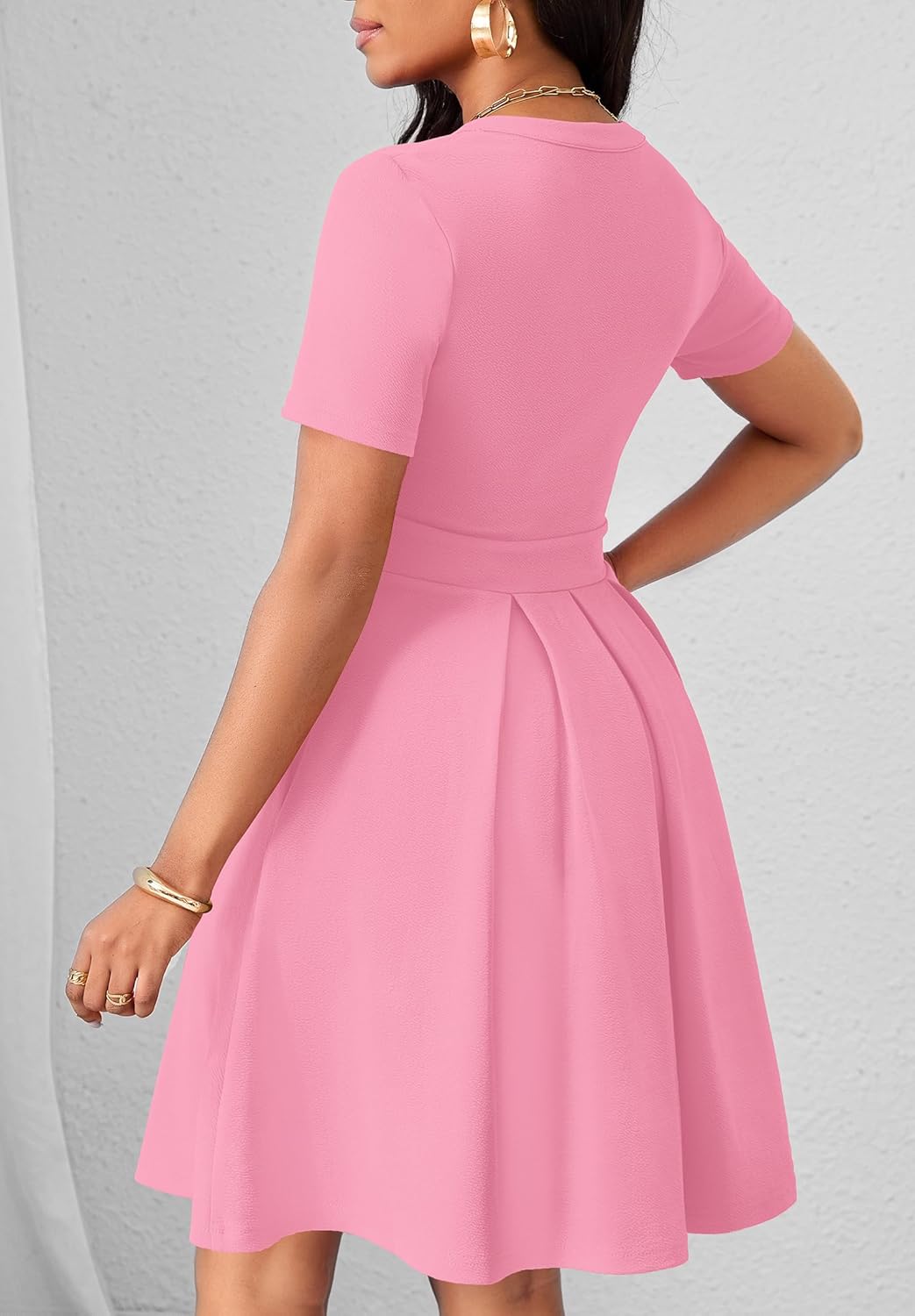 Womens Short Sleeve V Neck Casual Semi-Formal Dress Wedding Guest Cocktail Dresses with Pockets - Image 2