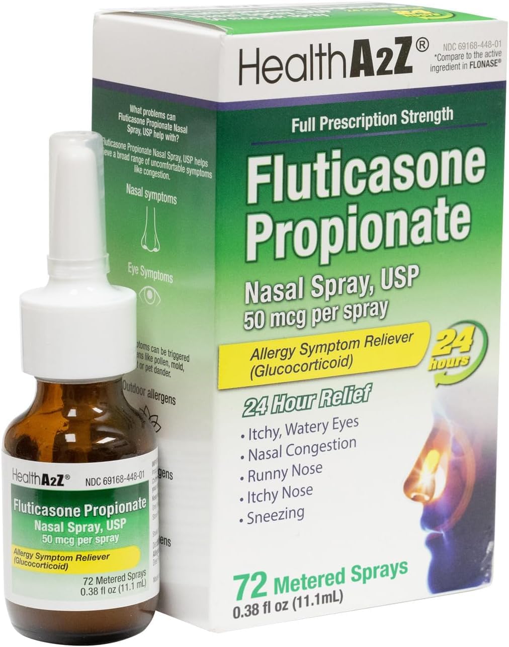 HealthA2Z® Allergy Relief, Fluticasone Propionate 50mcg, Nasal Spray, 24-Hour Allergy Relief, Nasal Decongestant, Dye Free, 72 Sprays (0.38 fl oz)