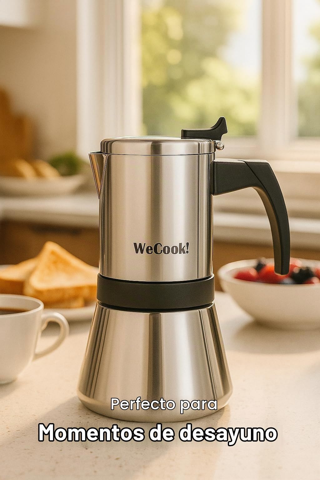 WECOOK! Cafetera Italiana Inox 18/10 Inducción, Plateado-Black, 9 tazas | Acero inox 18/10, compatible gas, vitrocerámica y eléctrica, mango baquelita Soft-Touch, válvula níquel, cuchara medidora