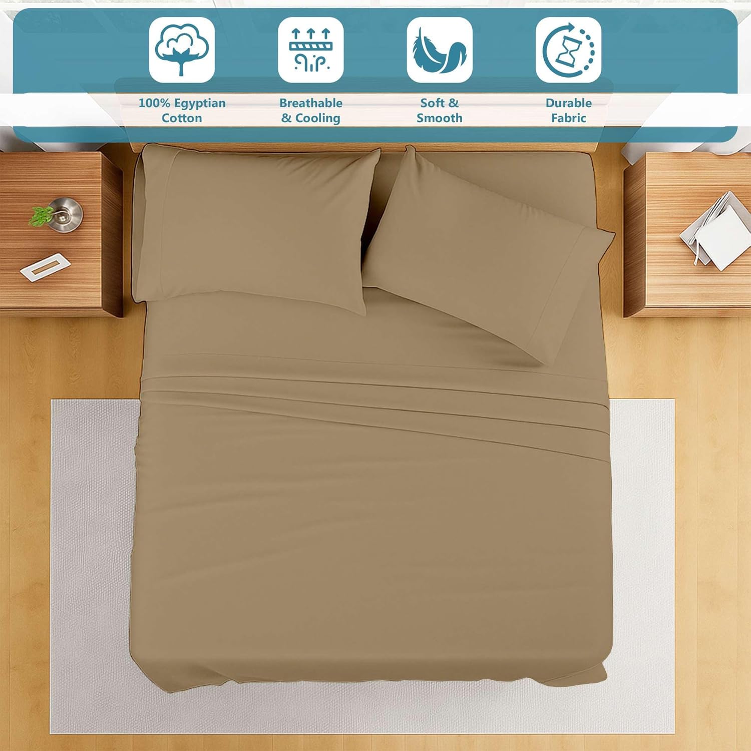 Ready To Rest 100% Egyptian Cotton Queen Sheet Set - 4 Piece Sheets with 15" Deep Pocket, Soft & Comfy, 1 Fitted Sheets + 1 Flat Sheet & 2 Pillowcases (Taupe Solid)