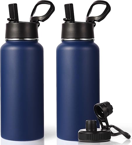Miniatura 45 de Neihepal - Botellas de agua aisladas de 32 onzas a granel con 2 tapas (pajita y boquilla), botella de agua de acero inoxidable de doble pared, Azul
