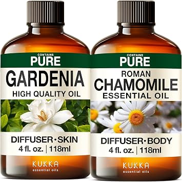 Gardenia Essential Oil for Diffuse & Roman Chamomile Essential Oil for Diffuser Set - Aromatherapy Grade Essential Oils Set - 2X 4 Fl Oz - Kukka