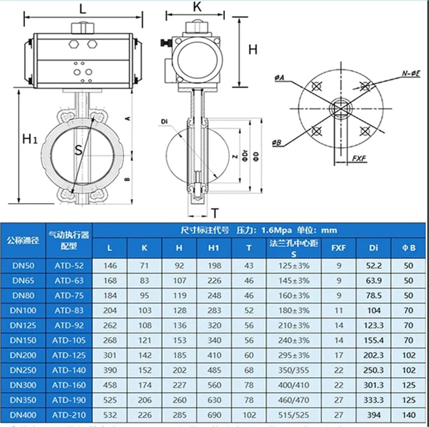 3" DN80 Double Acting Pneumatic Butterfly Valve Wafer Type EPDM Seal