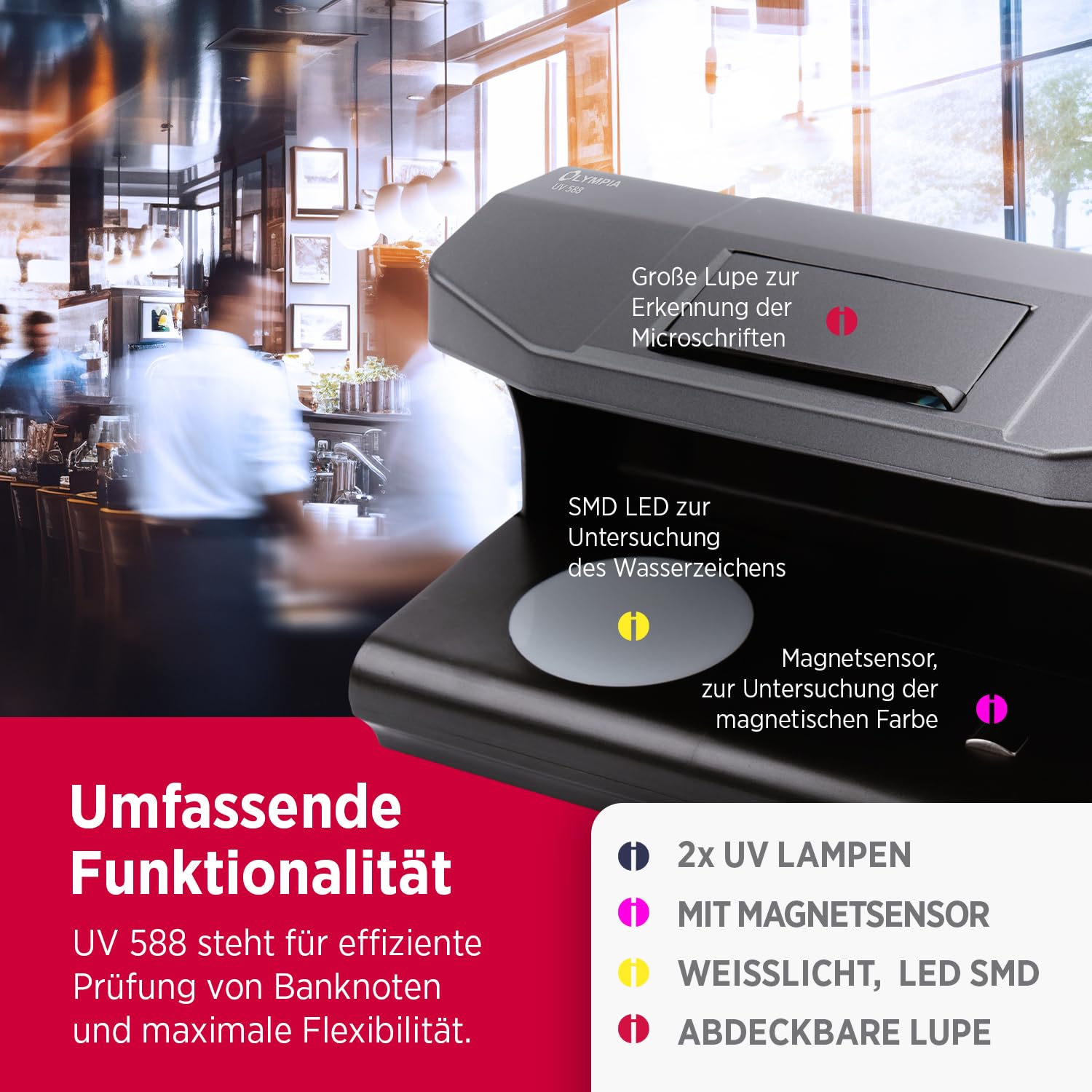 Olympia UV 588 Geldscheinprüfgerät | UV-Lampe | Falschgeld Prüfer mit Magnetsensor | Geldprüfgerät für Banknoten | Falschgelderkennung | Banknotenprüfer LED-Technologie | Geldprüfmaschine Geldscheine