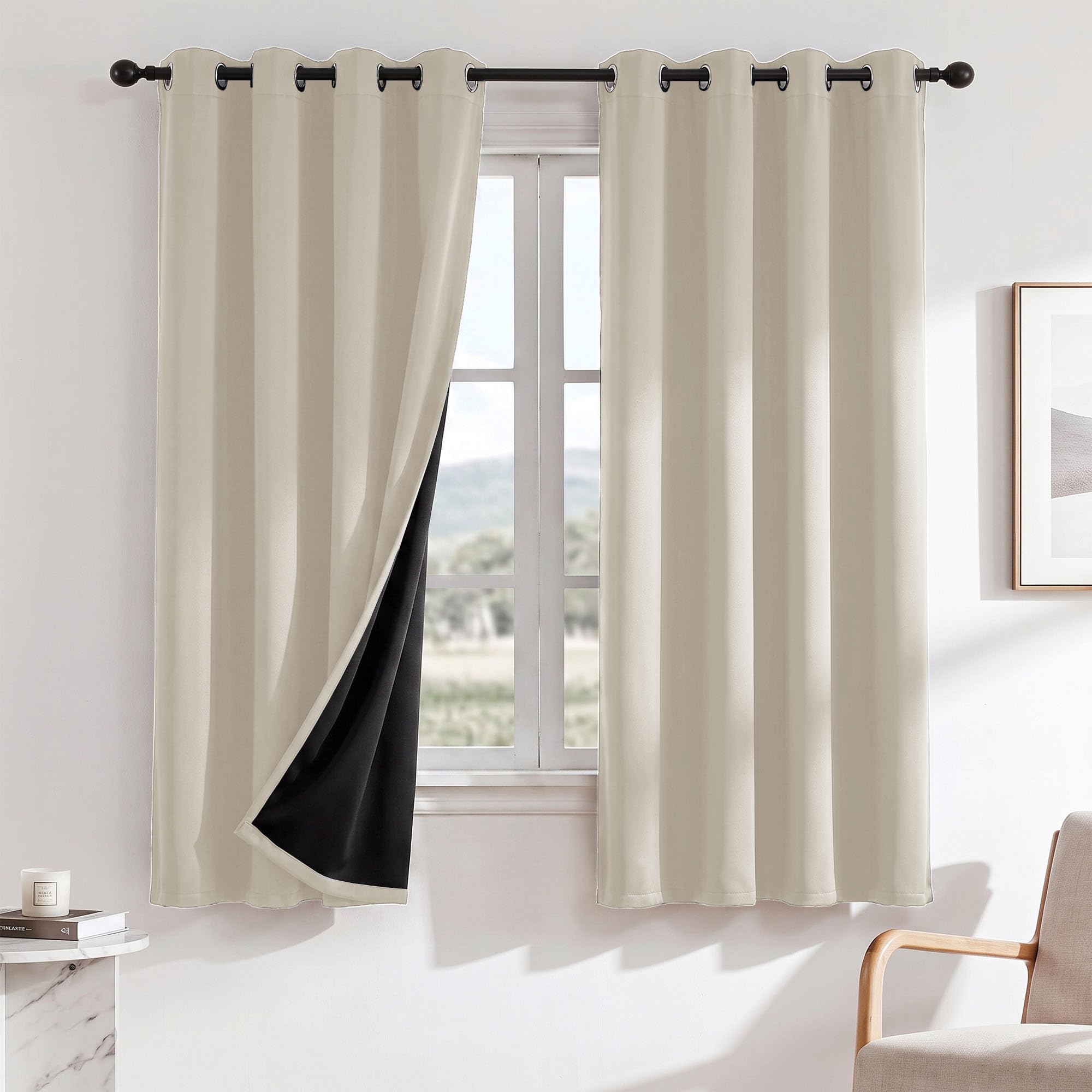 Deconovo 100% Blackout Curtains for Living Room 46 x 72 Inch, Thermal Insulated Eyelet Bedroom Curtains with Black Backing & Heat Blocking, Natural Sand, 2 Panels โ image 1