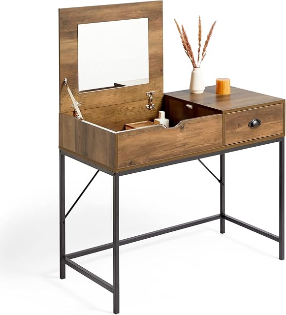 VonHaus Dressing Table with Lift Up Mirror  Dark Wood Effect Desk - Industrial Style Vanity Table - Rustic Makeup Table w/ Storage Compartment & Drawer - For Bedroom & Home Office - Jaxon