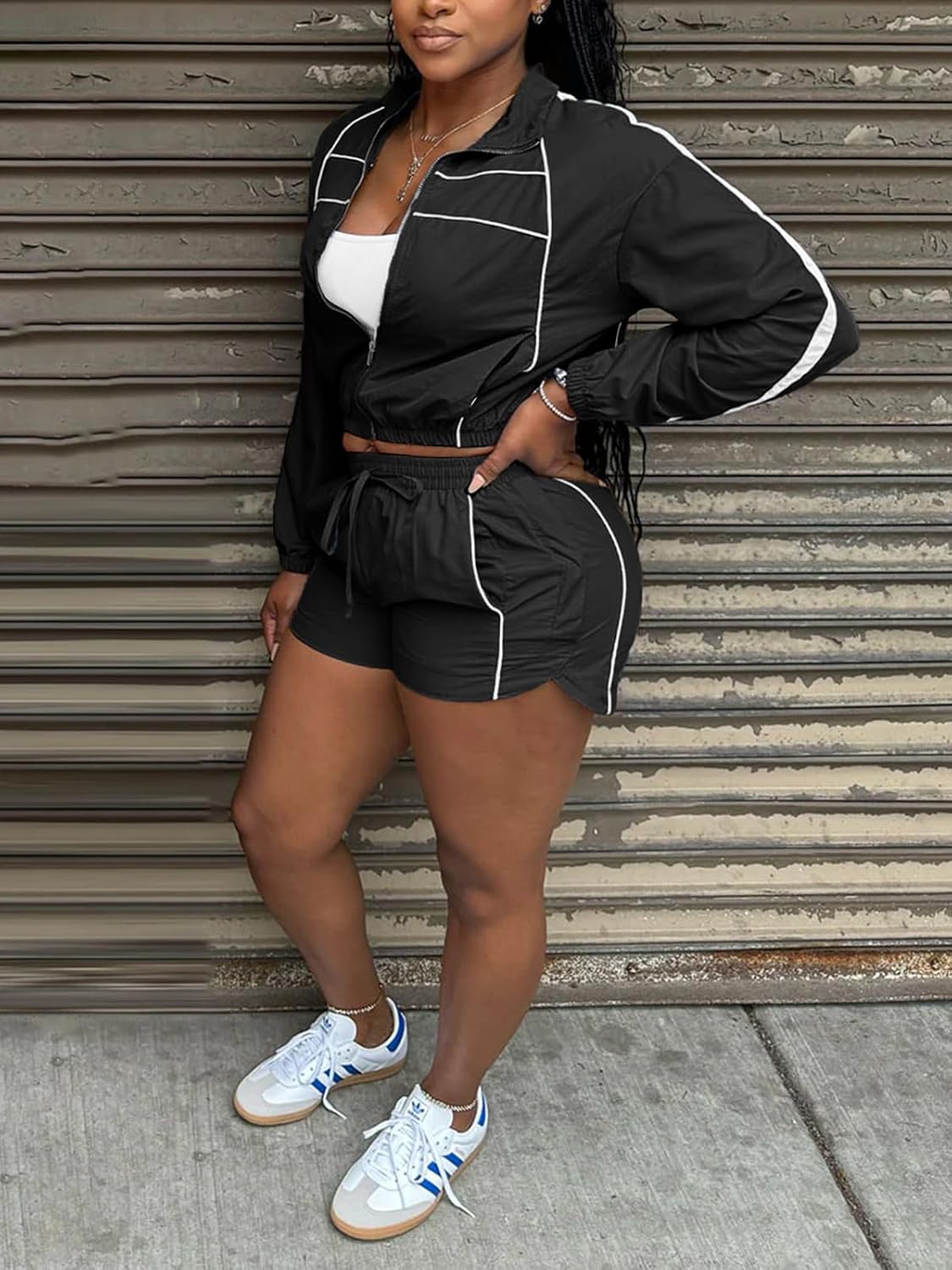 Adogirl Women 2 Piece Outfits Tracksuit Long Sleeve Zip Up Cropped Jacket Jogger Shorts Sweatsuit Workout Sets with Pockets - Image 2