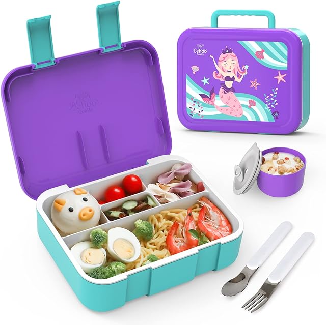 Lehoo Castle Girls Lunch Box with 5 Compartments, 1250mL Bento Lunch Box for Kids with Cutlery, Bento Box Lunch Containers, Leak-Proof, BPA Free, Microwave Safe(Mermaid)