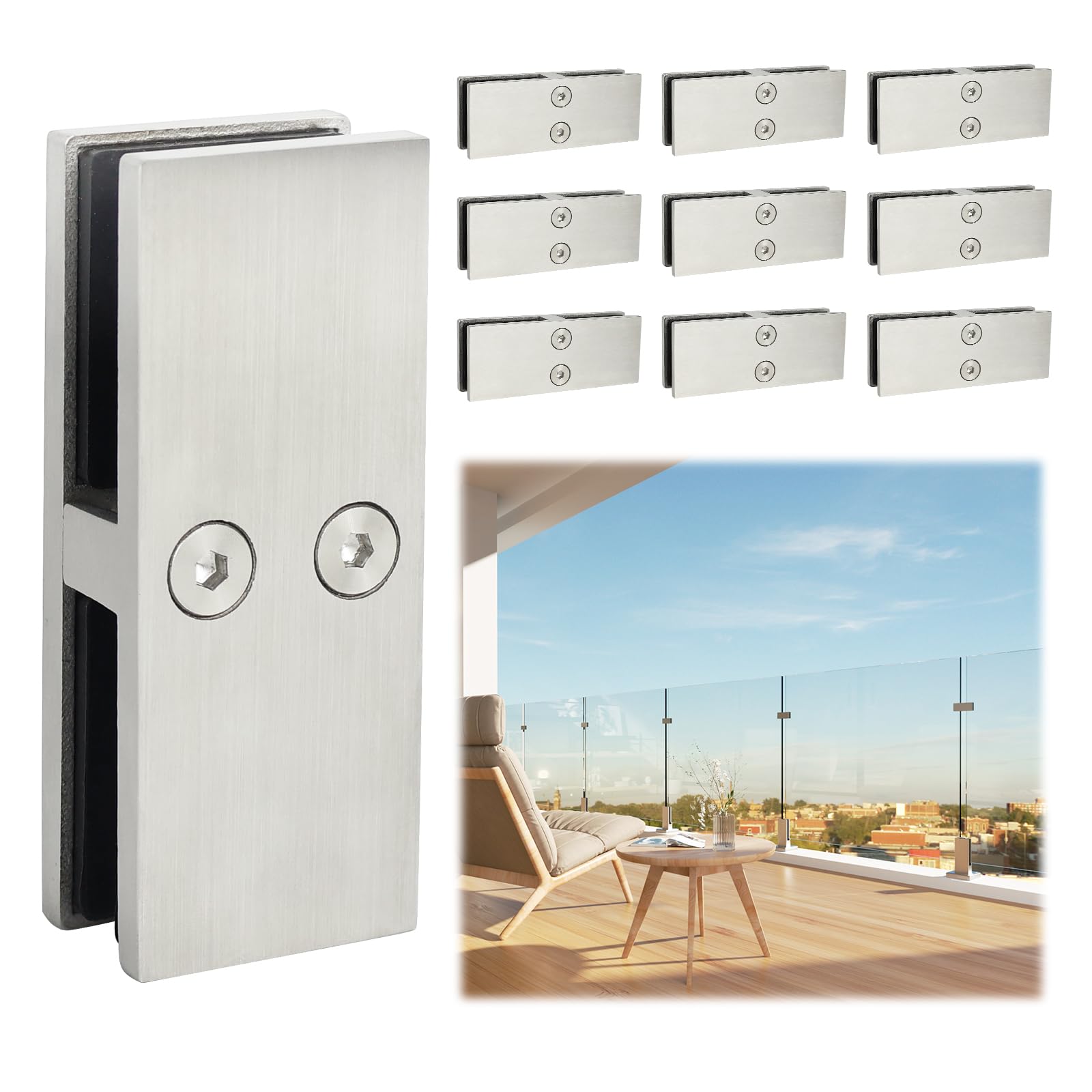 Photo 1 of LukLoy 10 Pack Railing Glass to Glass Clamp, Stainless Steel 304 Heavy-Duty Bracket No Drilling for Balustrade Railing Pool Fence Brushed (10 Piece 180°)