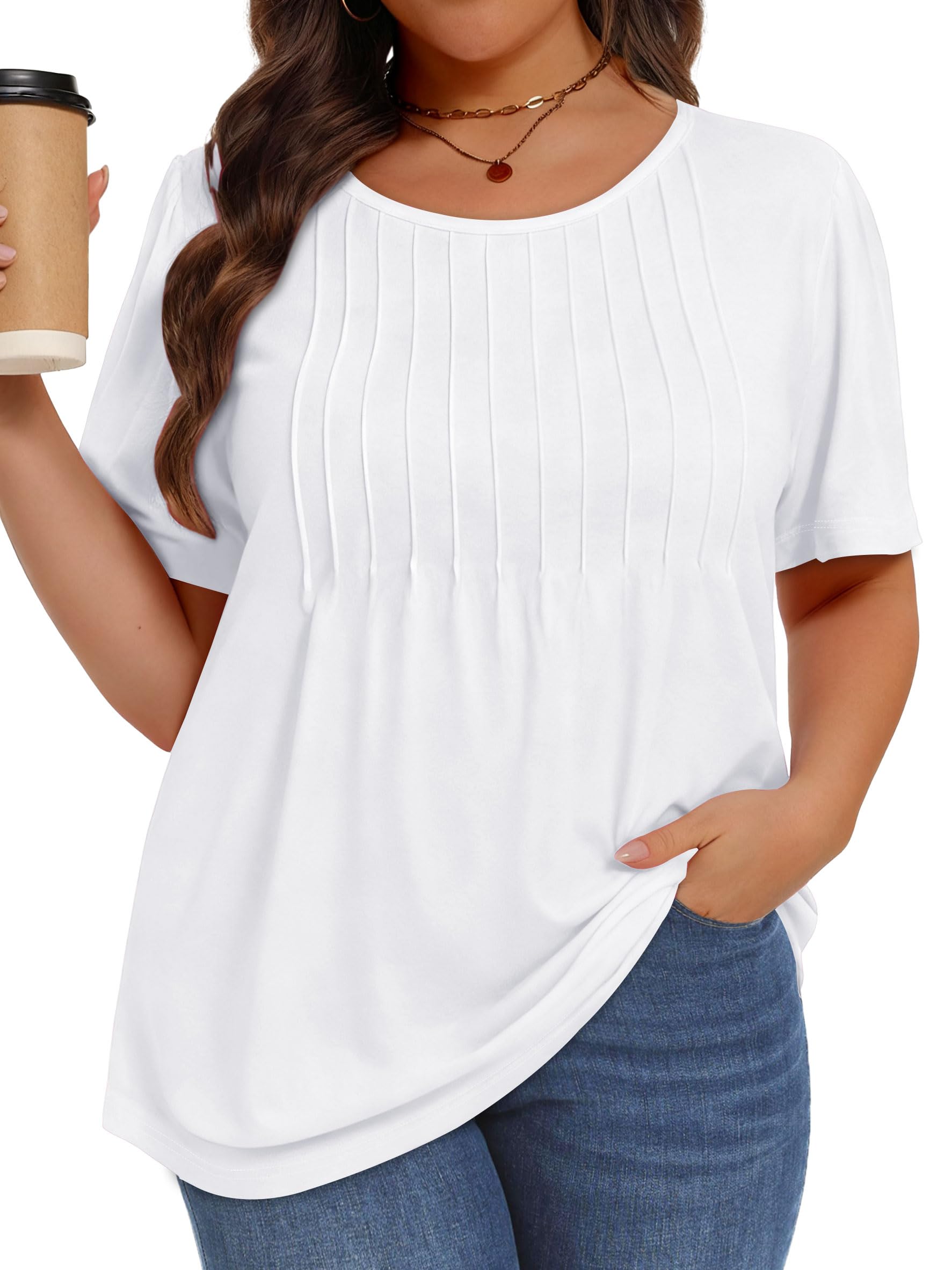 Plus Size Tops for Women Summer Pleated Short Sleeve Shirts Casual Blouses