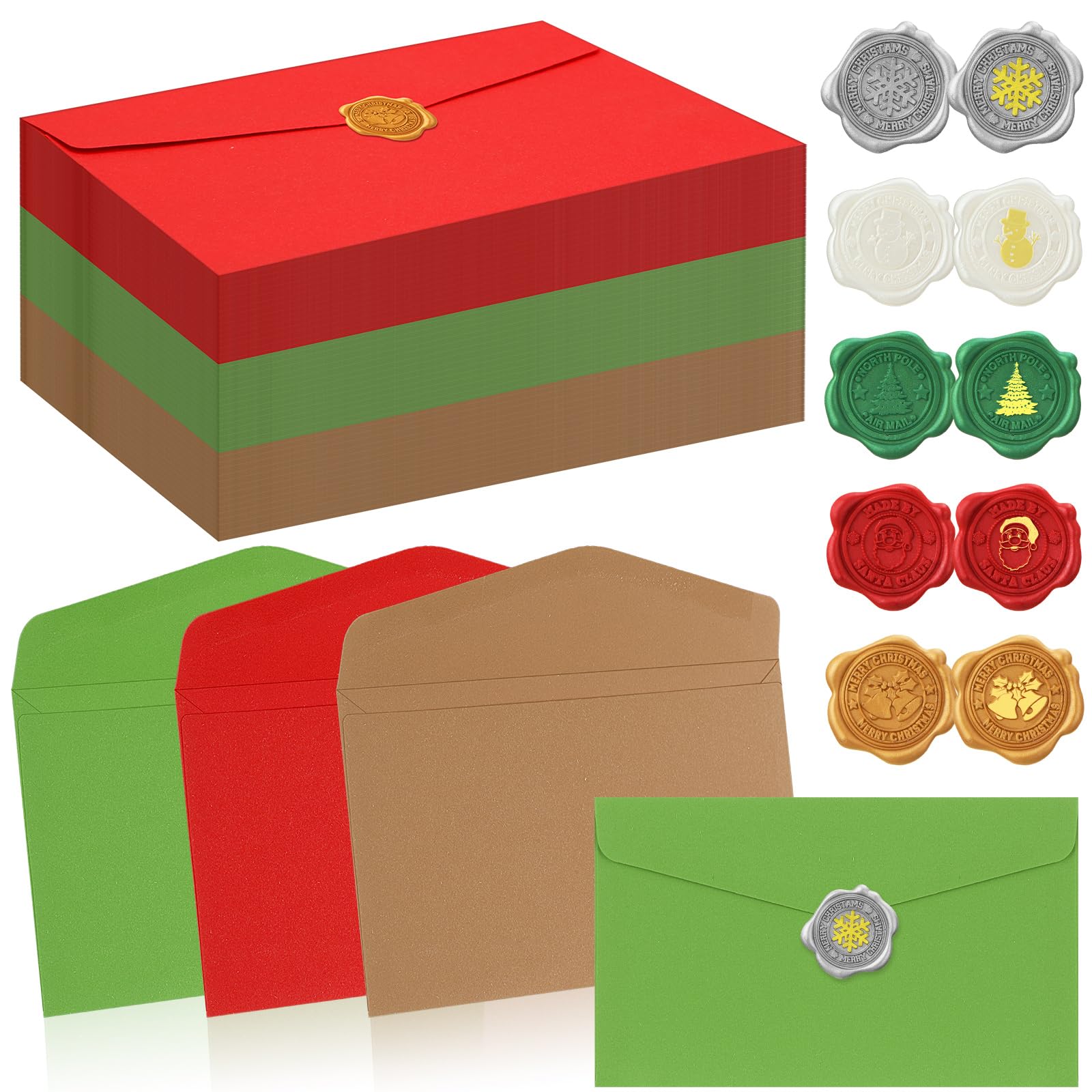 Photo 1 of 100 Pcs Christmas Envelope Self Adhesive with 100 Pcs Wax Seal Stickers Snowflake Envelope Seal Sticker Red Green Envelopes Merry Christmas Envelope Seals for Mail Gift Supplies