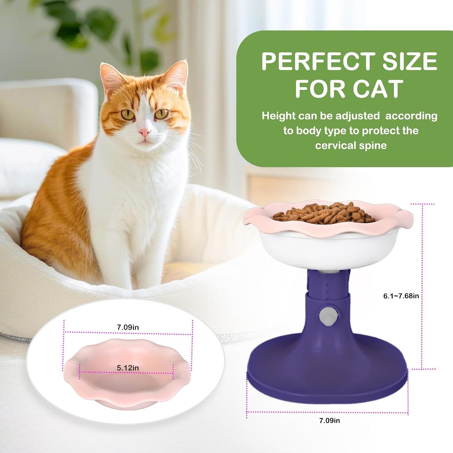 Adjustable Ceramic Elevated Cat Bowls, 30° Tilted Raised Cat Bowls, Neck Protection, Whisker-Friendly, Leak Proof for All Age Cats & Dogs, Lace (Pinkish Blue)