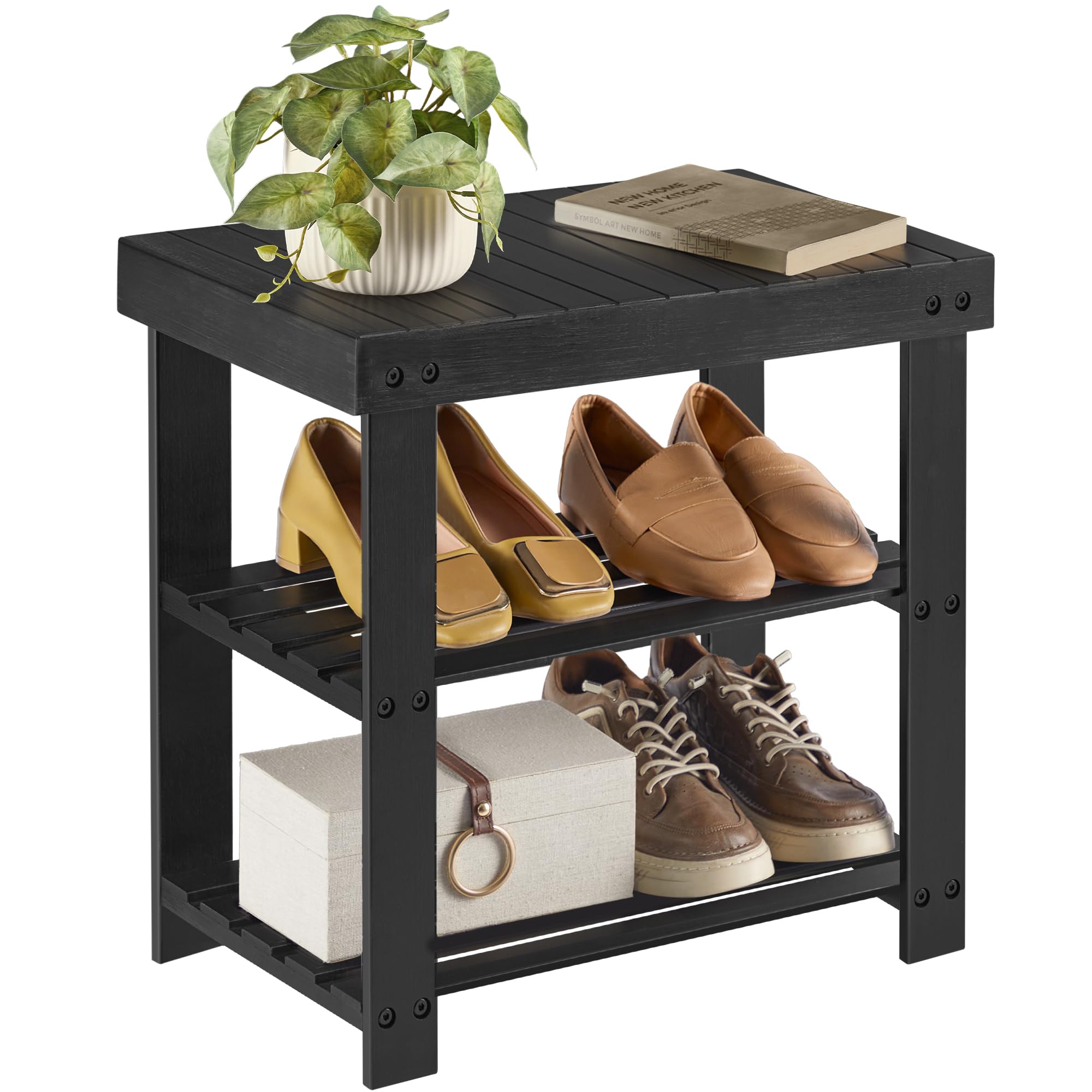Photo 1 of [ITEM DAMAGED] SONGMICS Shoe Rack Bench, 3-Tier Bamboo Shoe Storage Organizer, Entryway Bench, Holds Up to 286 lb, 11.3 x 19.7 x 17.8 Inches, for Entryway Bathroom Bedroom, Ink Black ULBS001B01