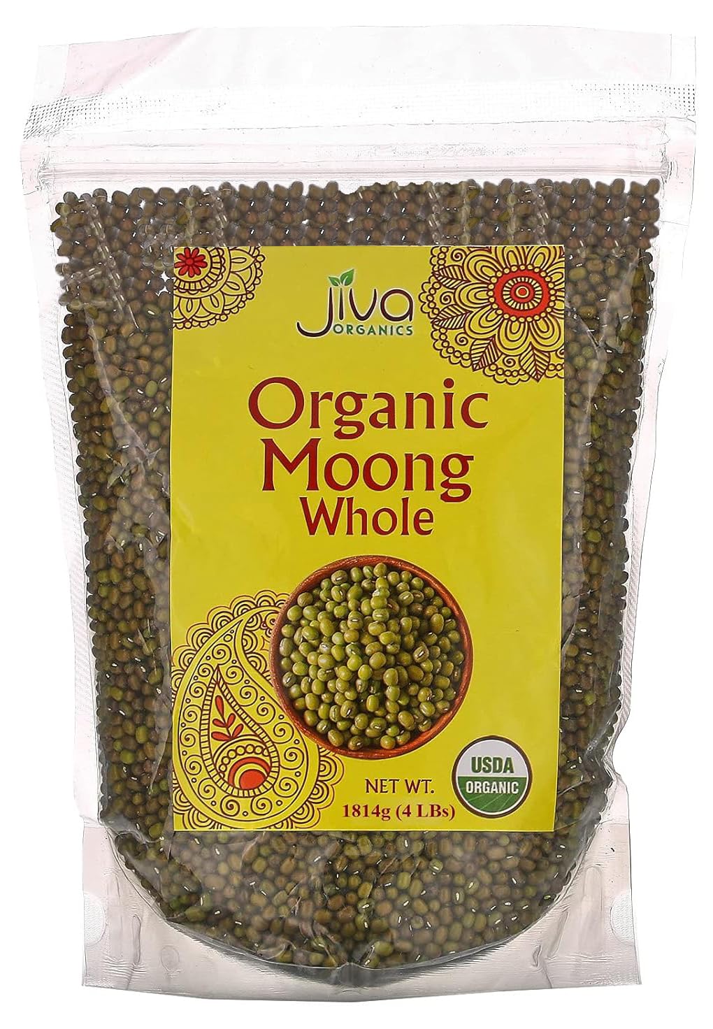 Jiva Organics Organic Mung Beans Whole 4 LB LARGE Bag - Green Moong Bean