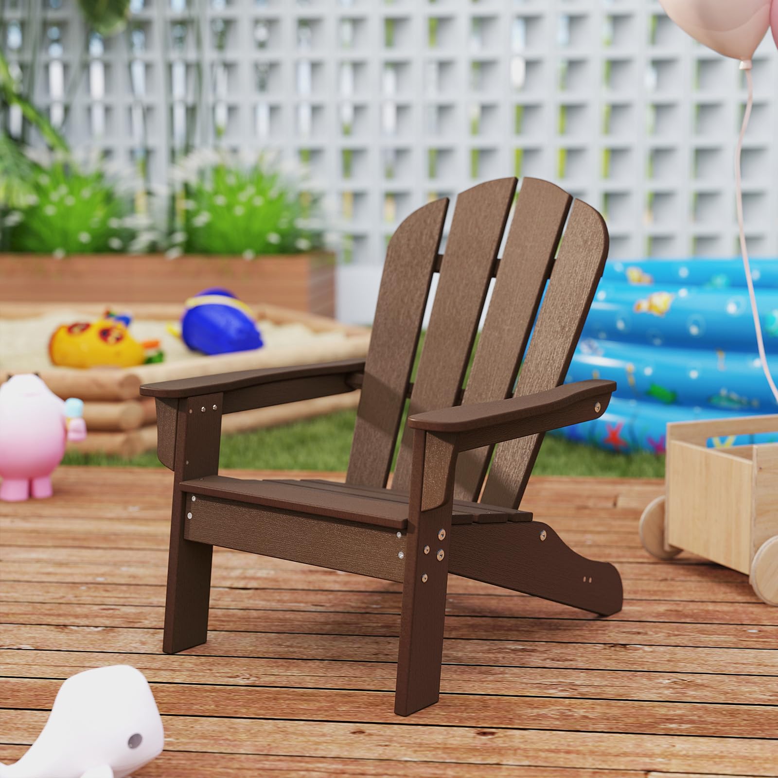 GOPLUS Chaise Adirondack Exterieur pour Enfants, Fauteuil de Jardin en HDPE Résistante aux Intempéries avec Large Siège, Dossier & Accoudoirs, Angle à 105°, Enfant pour 3-8 Ans,Charge 75KG (Marron)