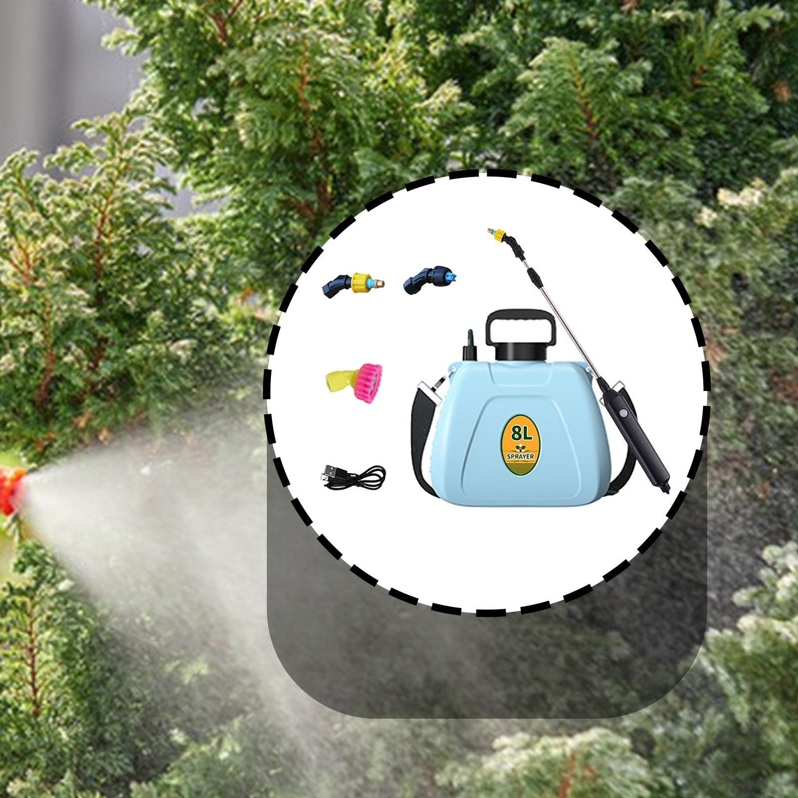 Spruzzatore Elettrico da 8L con Manico Ergonomico Asta Telescopica Regolabile Tre Diversi Ugelli Spallaccio Pratico Adatto per Giardino Casa Orto, Blu