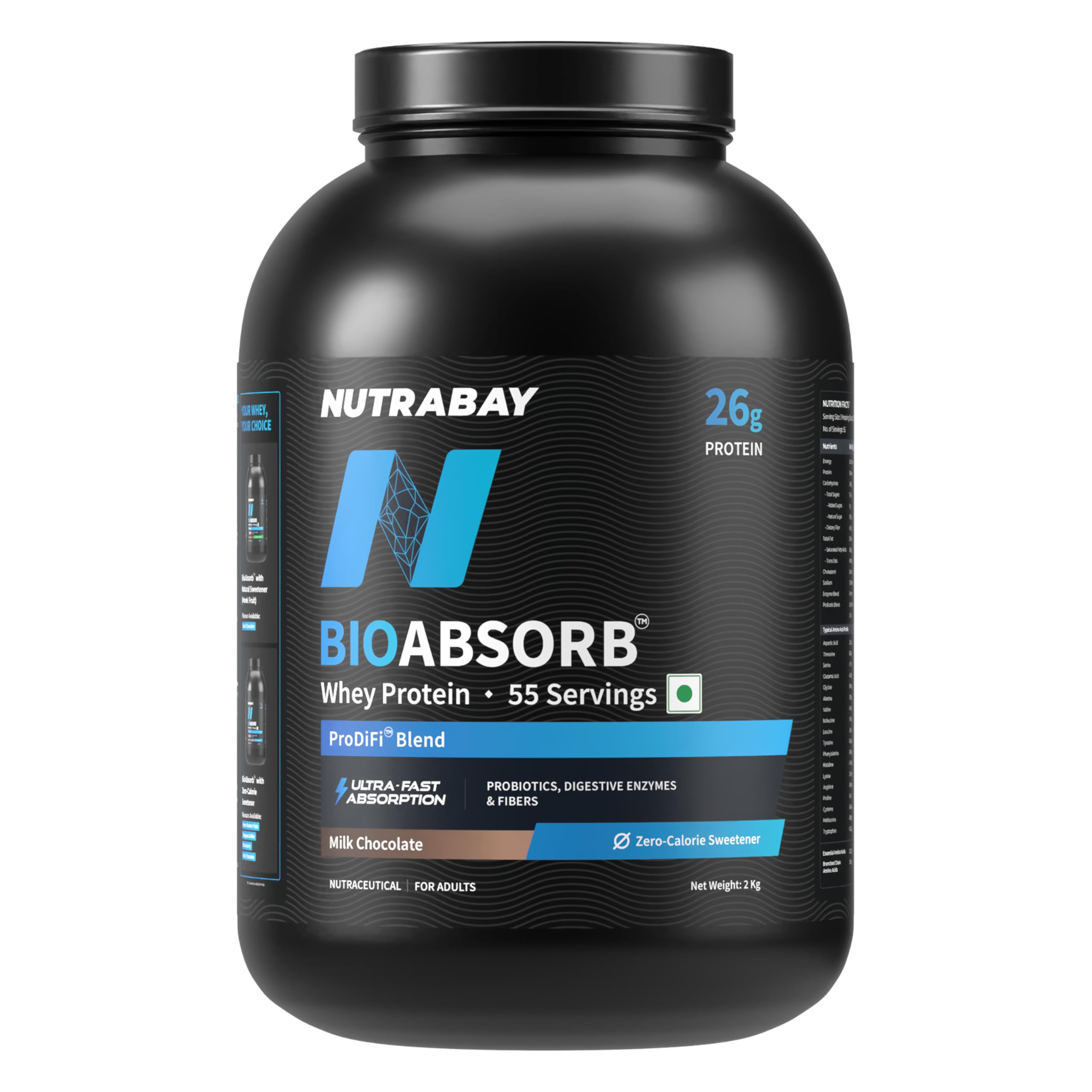 Nutrabay BioAbsorb™ Whey | ProDiFi™ for Ultra-Fast Absorption | 26g Protein | Milk Chocolate, 2kg | No Bloating | No Added Sugar | Fast Recovery | India's 1st Blend of Fiber, Probiotics & Enzymes