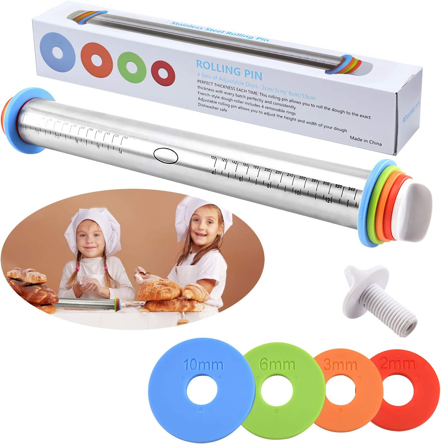 Adjustable Rolling Pin with Thickness Rings Guides - Non Stick - 17 inch Large Heavy Duty Stainless Steel French Style Dough Roller for Baking Pizza Pie Pastries and Cookies