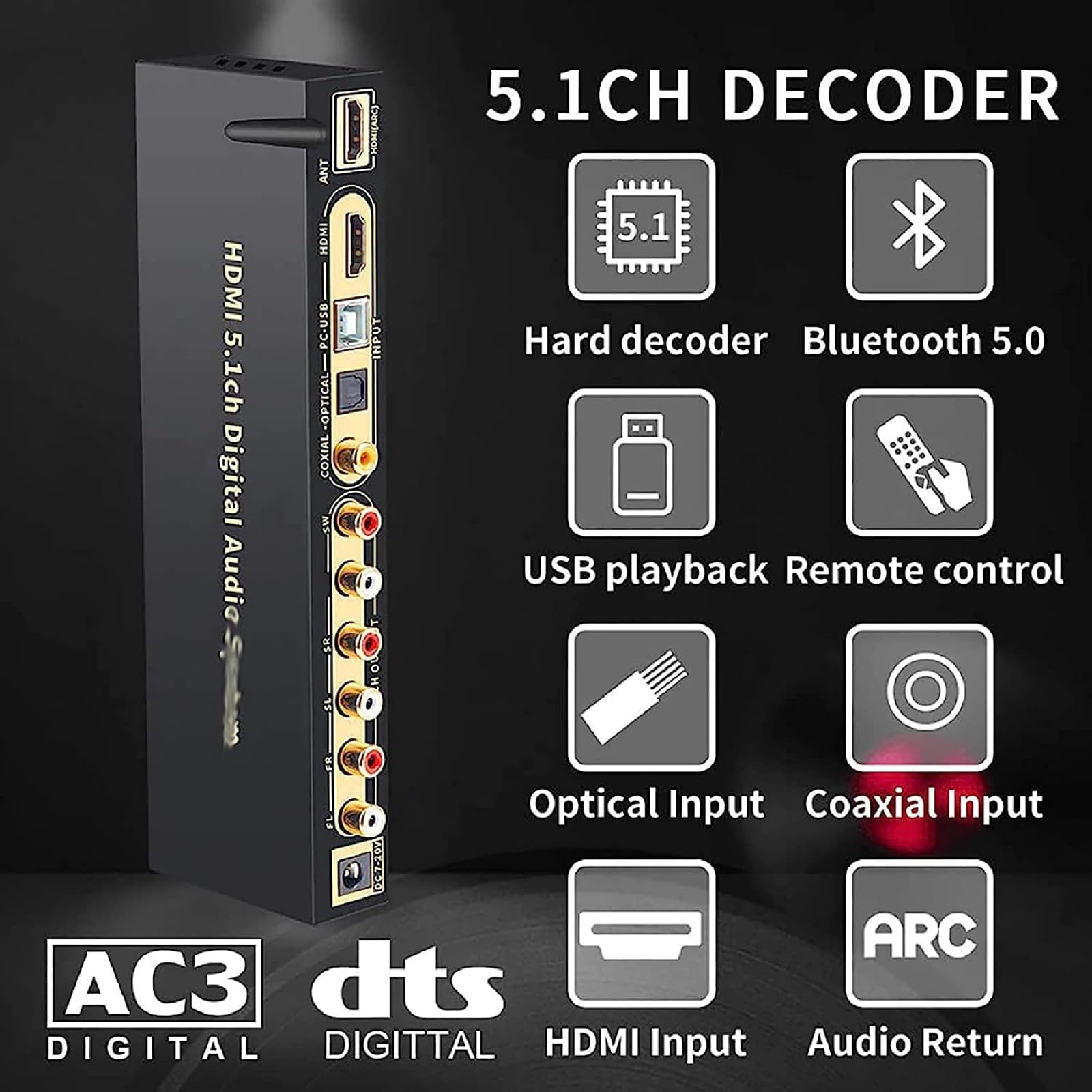 Décodeur De Convertisseur Audio 5.1, Convertisseur Audio Numérique vers Analogique 4K, Sortie Casque 3,5 Mm/Prise en Charge 2.0CH 5.1CH 2.1CH, DAC DTS AC3 FLAC Ape