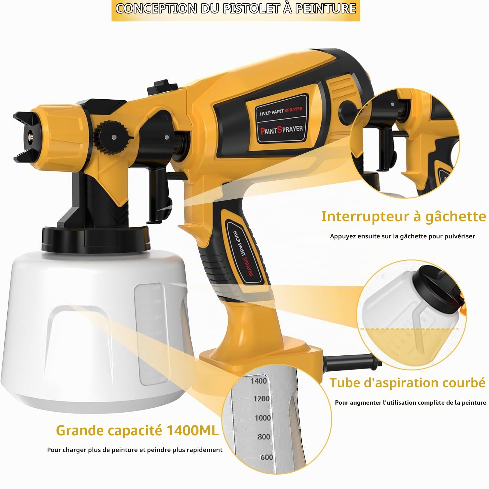 TOPALL Pistolet a Peinture Electrique,Pistolet Peindre avec 5 Buses et 3 Motifs pour Abri de Jardin, Meubles,Murs, Clôtures,Pulvérisateurs de Peinture,850W 32000PRM 1400ML HVLP