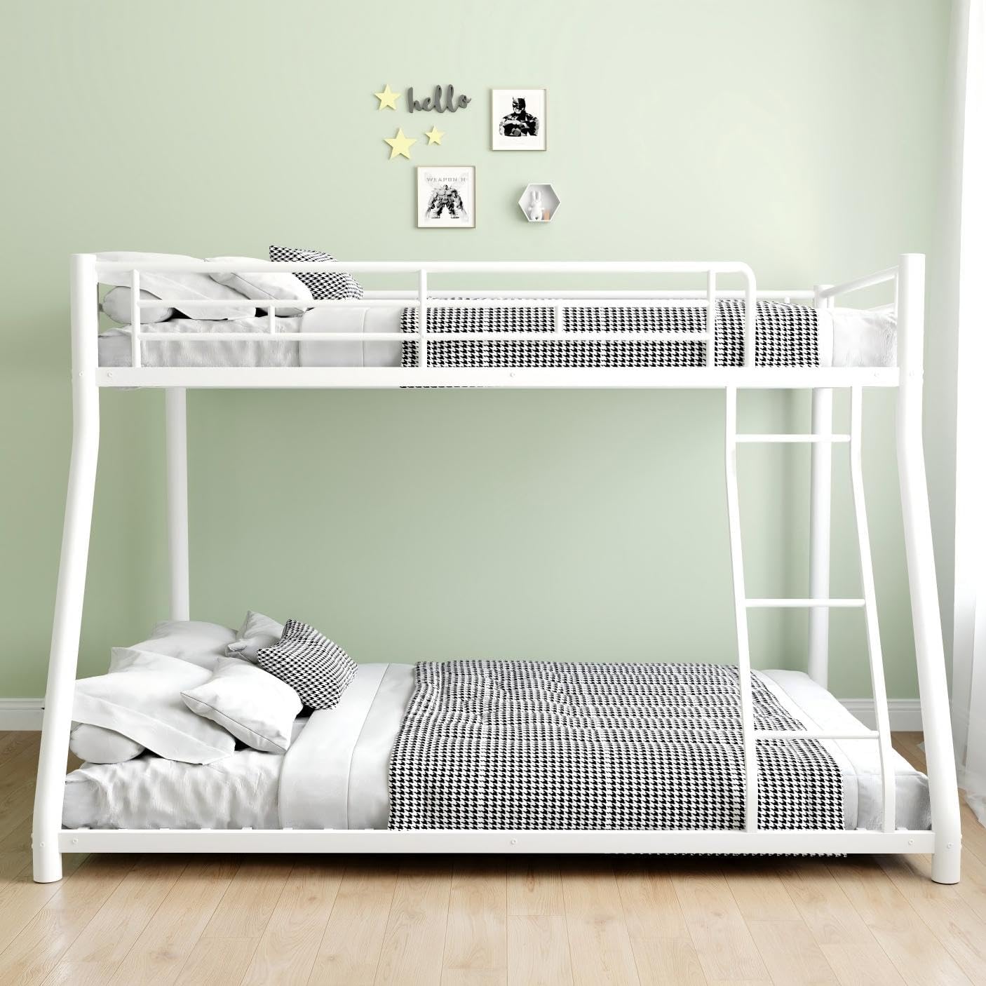 Twin Over Full Bunk Bed,Heavy Duty Metal Bunk Bed Frame for Adults,2 Side Ladder,Guardrail,Space-Saving,Noise Reduced,No Box Spring Needed,Black (White, Twin Over Full)