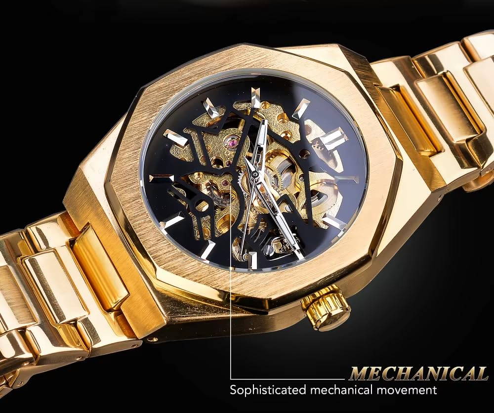 Orologio scheletrato meccanico da uomo, design a carica automatica a cuore aperto, cinturino in acciaio inox, orologio scheletro di alta qualità da indossare, Oro nero, Classico