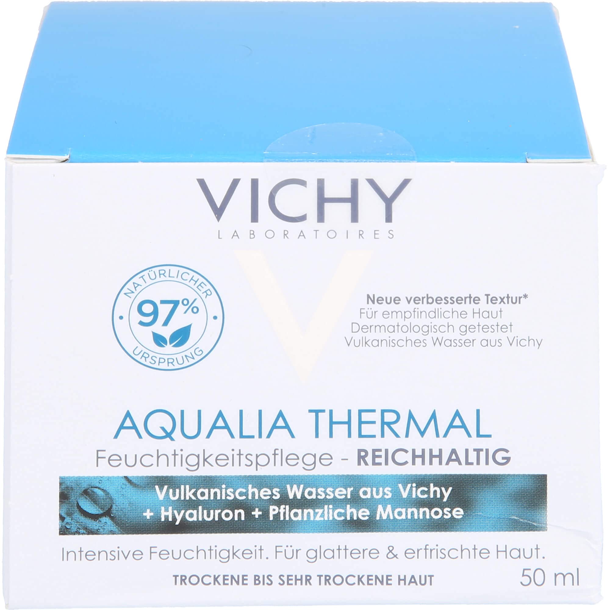 VICHY Reichhaltige Gesichtscreme für trockene bis sehr trockene Haut, Aufpolsternd und beruhigend, 48 Stunden Feuchtigkeit, Mit Hyaluron und pflanzlichem Zucker, Aqualia Thermal, 50 ml