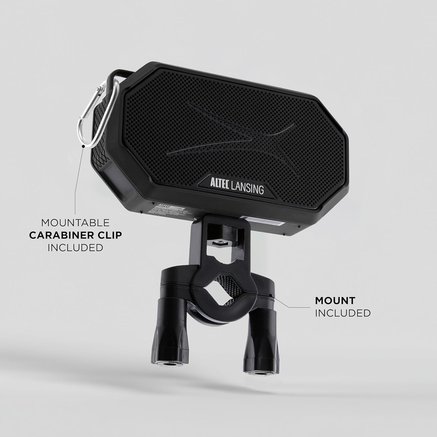 Altec Lansing HYDRAMINI 2.0 speaker with its included carabiner clip and mount accessory.
