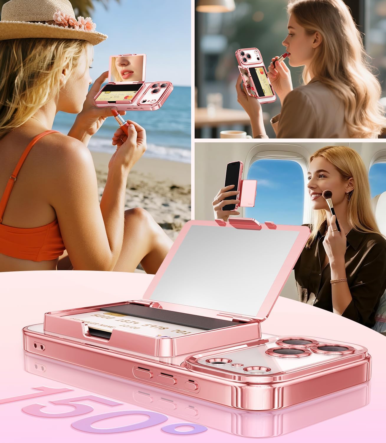 Meifigno Designed for iPhone 17 Pro Max Case Wallet (3-4 Cards & Cash), Built-in Mirror & Kickstand, Surround Raised Lens Protection, for 17 Pro Max Case with Card Holder for Women (6.9"), Rose Gold
