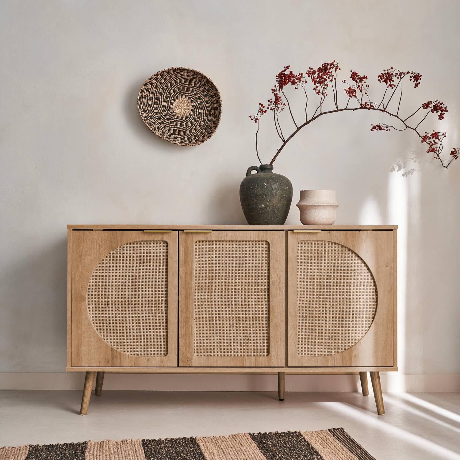 Rattan Cane Sideboard with 3 Doors, Natural Wood Finish | Mid-Century Modern, Gold Brass Handles, Tapered Wooden Legs, Circular Cane Panels, Living Room Storage-image-25