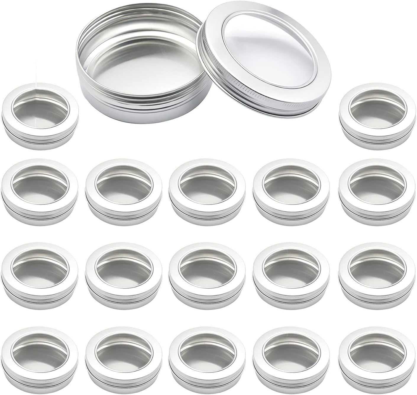 Cosmetics jars, 24 Pcs 150ml Empty Round Silver Aluminum Tins Cans Jars with Screw Lids Clear Window(5.1 Ounces)