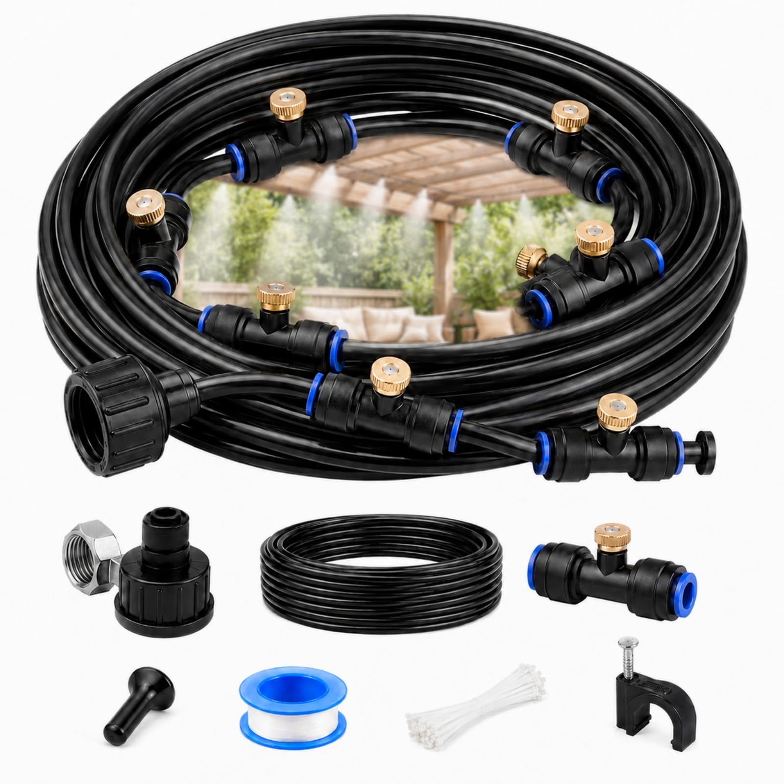 Kit Brumisateur Terrasse Exterieur, Brumisateur Eau Exterieur, Tuyau Brumisateur Extérieur pour Terrasse Brume Jardin Serre Piscine Parasols ，23M